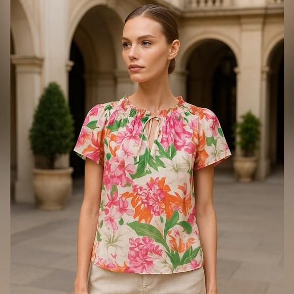 CeCe Pink and Orange Puff Sleeve Blouse with Tie Front 🌷 - Picture 1 of 10